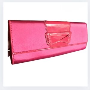 Cole Haan Clutch Bag Small Hot Pink Satin Slim Purse With Mirror Foldover Flap